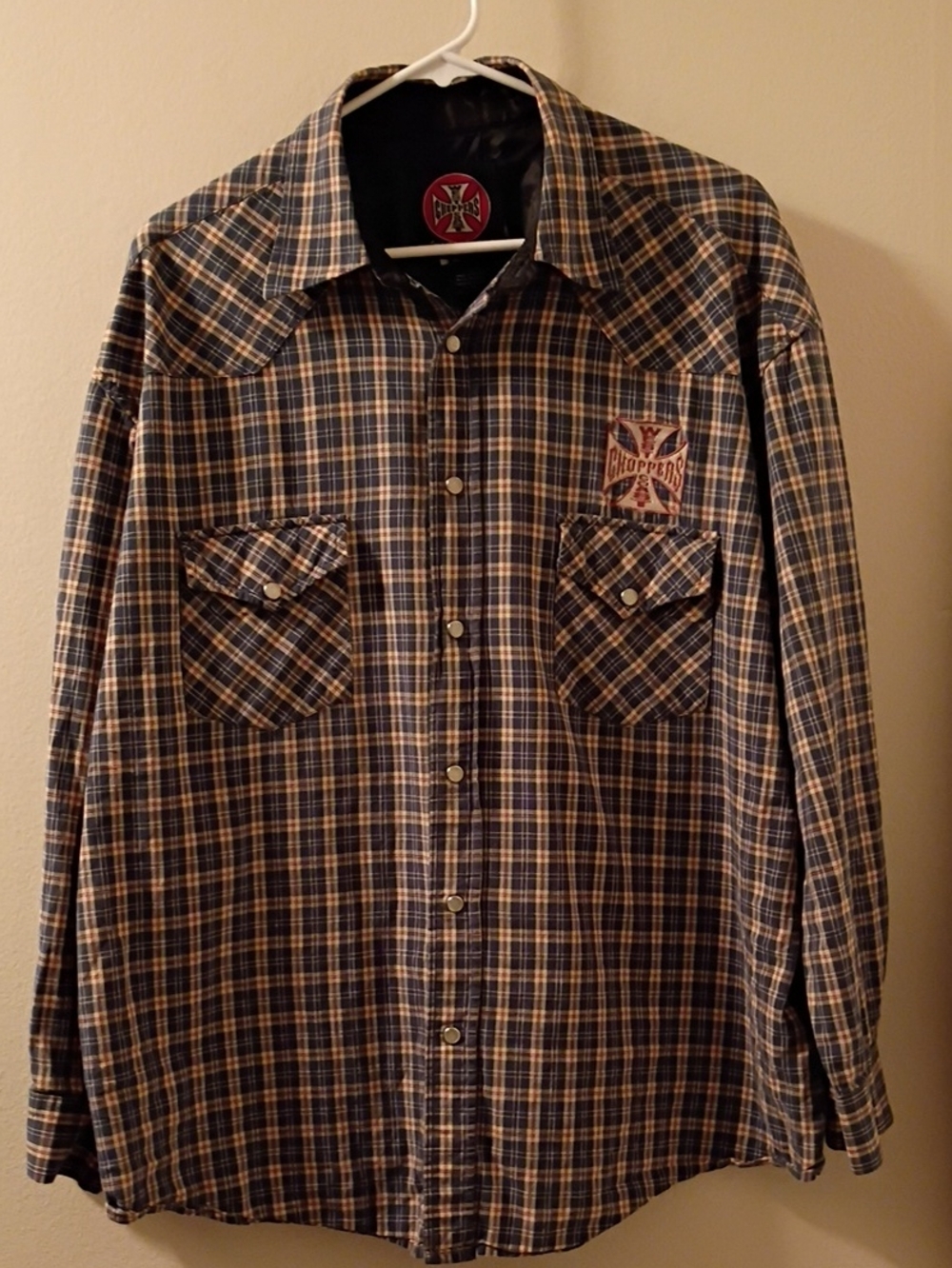 West Coast Choppers  Snap button Up Men's Plaid Shirt in Navy and Tan